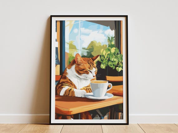 Cozy Cat Cafe Art Print Ginger Drinking Coffee Poster Matisse Style Oil Painting Cute Feline Wall Decor Lover Gift Home