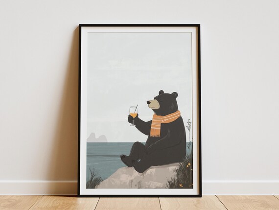 Black Bear In Scarf Drinking Cocktail Seaside Rock View Poster