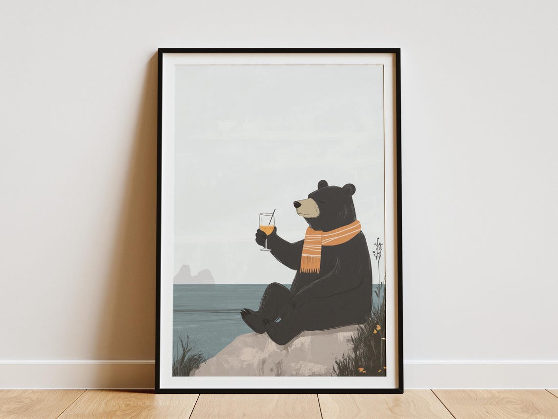 Black Bear In Scarf Drinking Cocktail Seaside Rock View Poster