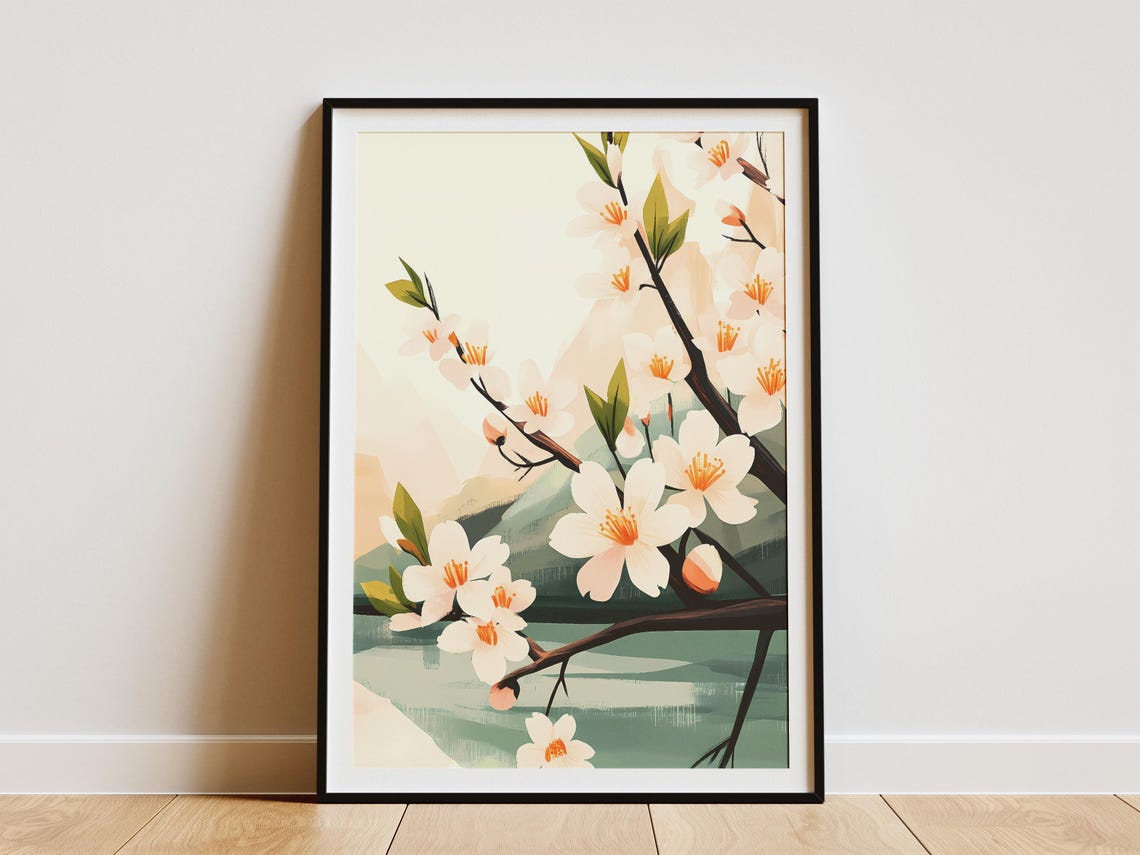 White Cherry Blossom Branch Green Leaves Soft Hills Spring Art Poster