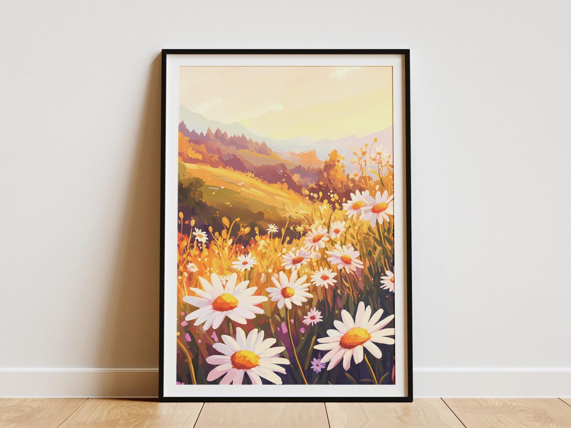 White Daisy Meadow Golden Hour Mountain View Dreamy Floral Poster
