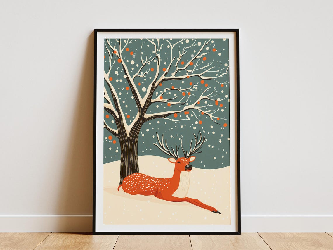Resting Spotted Deer Under Snowy Tree Berries Winter Night Poster
