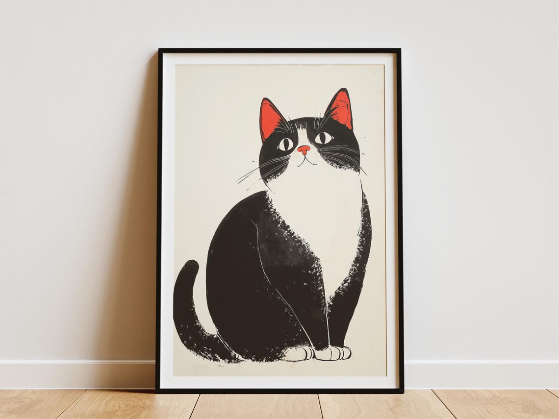 Black and White Cat with Red Ears Japanese Woodcut Style Art Poster