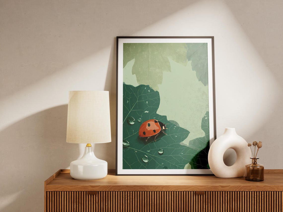 Vibrant Ladybug Dewdrop Leaf Art Print Nature Inspired Wall Decor Botanical Poster Modern Insect Illustration Garden Lover - Image 4
