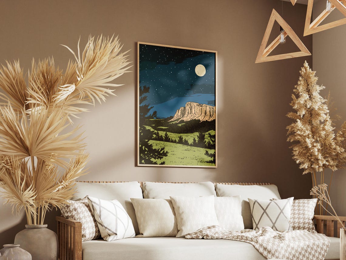 Wind Cave National Park Moonlit Cliff Meadow Under Starry Sky Poster - Image 3