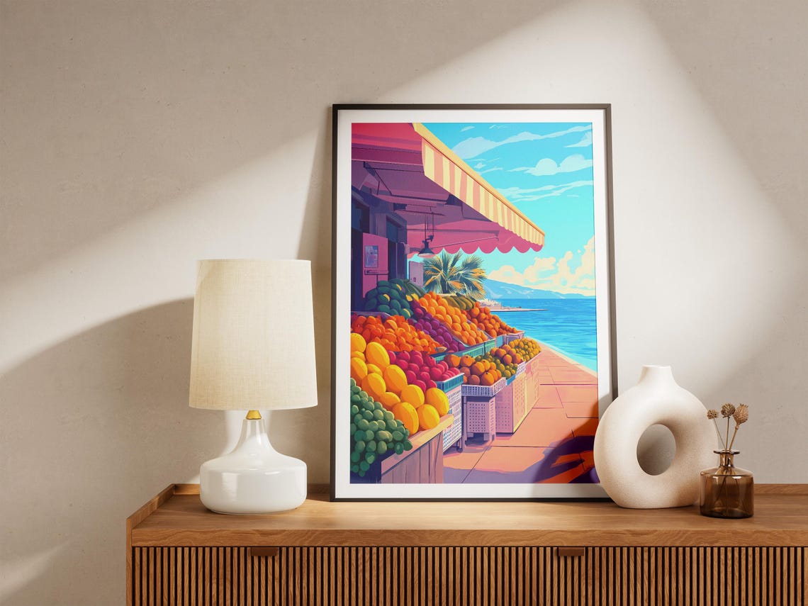 Vibrant Seaside Fruit Market Stall Under a Striped Awning Poster - Image 5