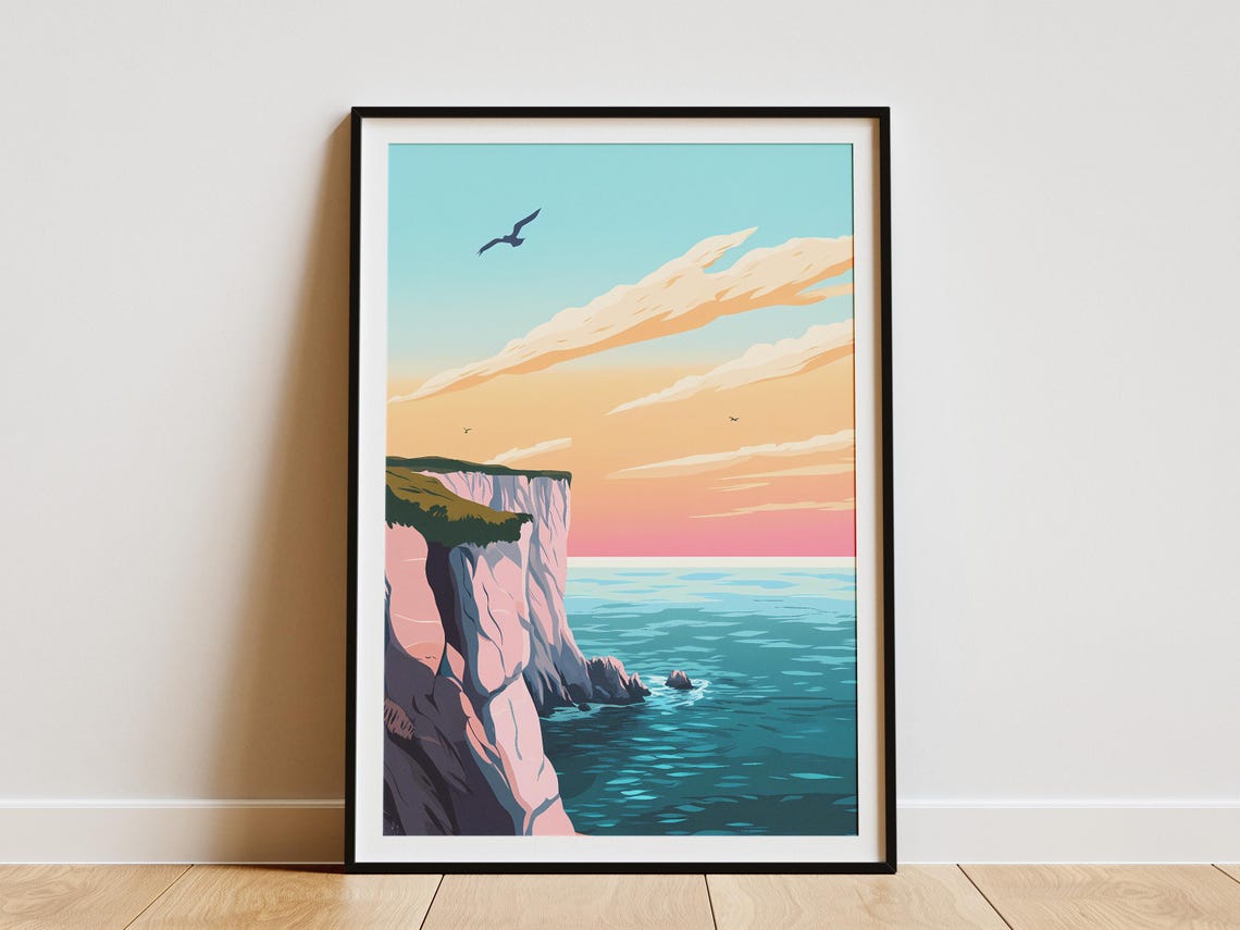 Pale Pink Cliffs Overlooking a Bright Turquoise Sea at Sunset Poster