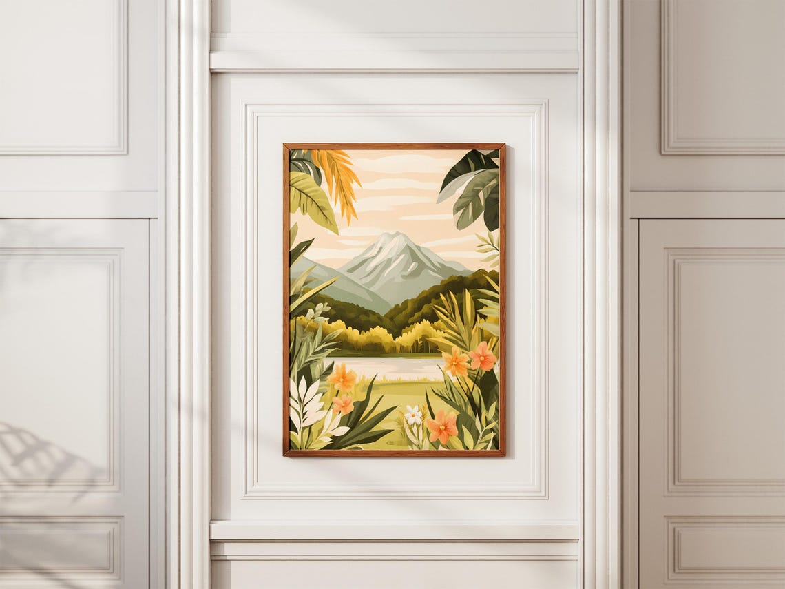 Snowy Mountain Peak Surrounded By Tropical Bloom Garden Poster - Image 2
