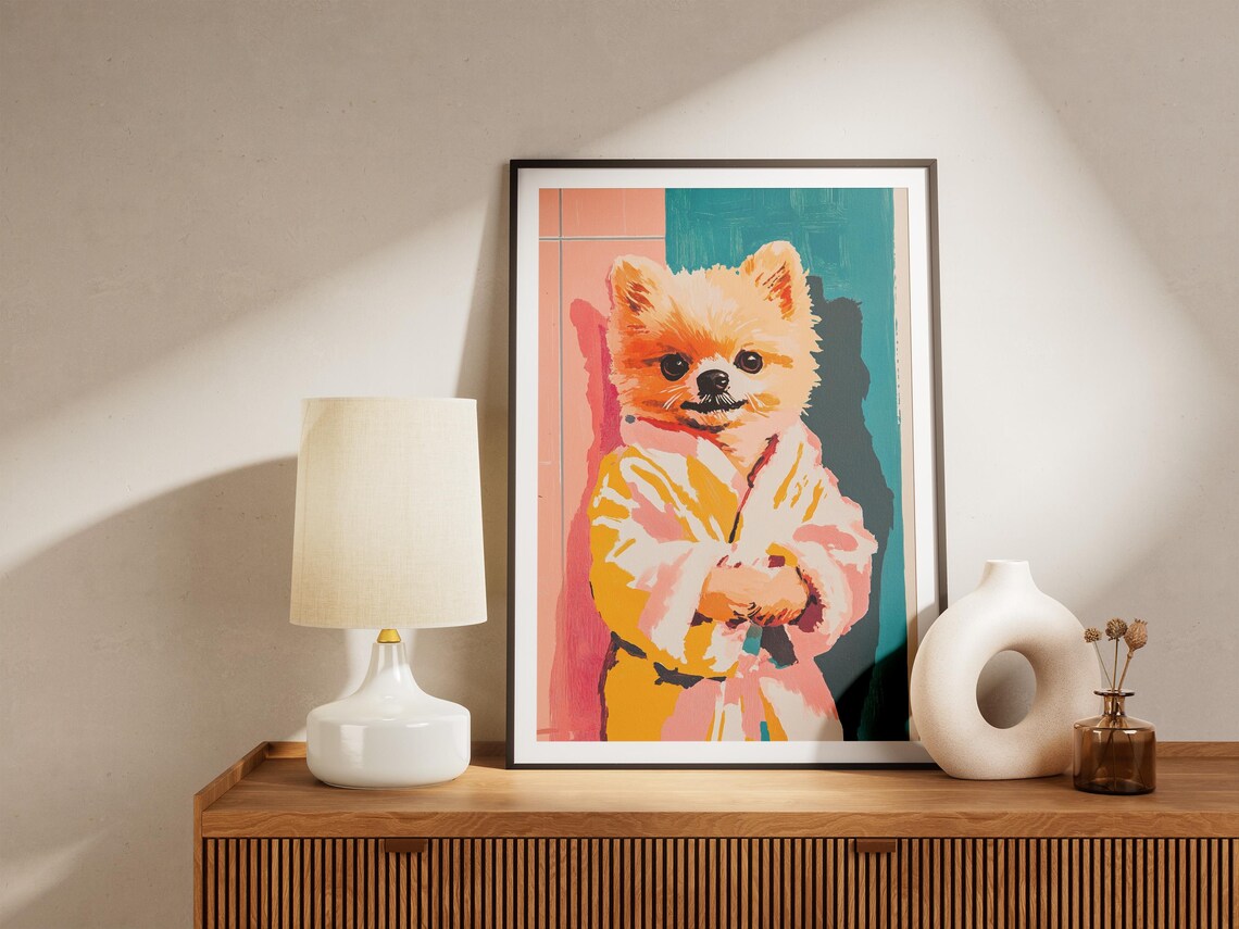 Cute Pomeranian Puppy in Pastel Bathrobe Playful Dog Art Poster - Image 4