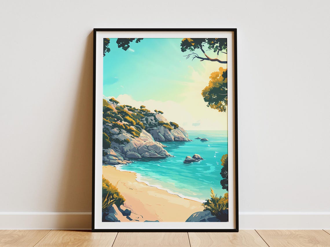 Rocky Beach Cove Turquoise Bay Golden Sun Illustration Poster