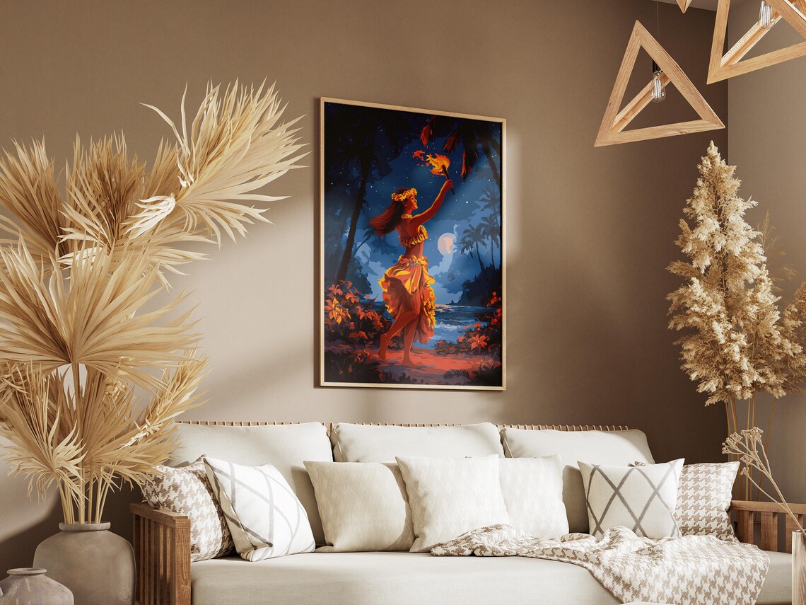 Fire Hula Dancer At Night Art Print, Hawaiian Torch - Image 3