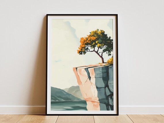 Cliffside Sunset Tree Poster Minimalist Landscape Art Print Modern Wall Decor Nature Art Orange And Gray Tones Abstract Landscape Painting