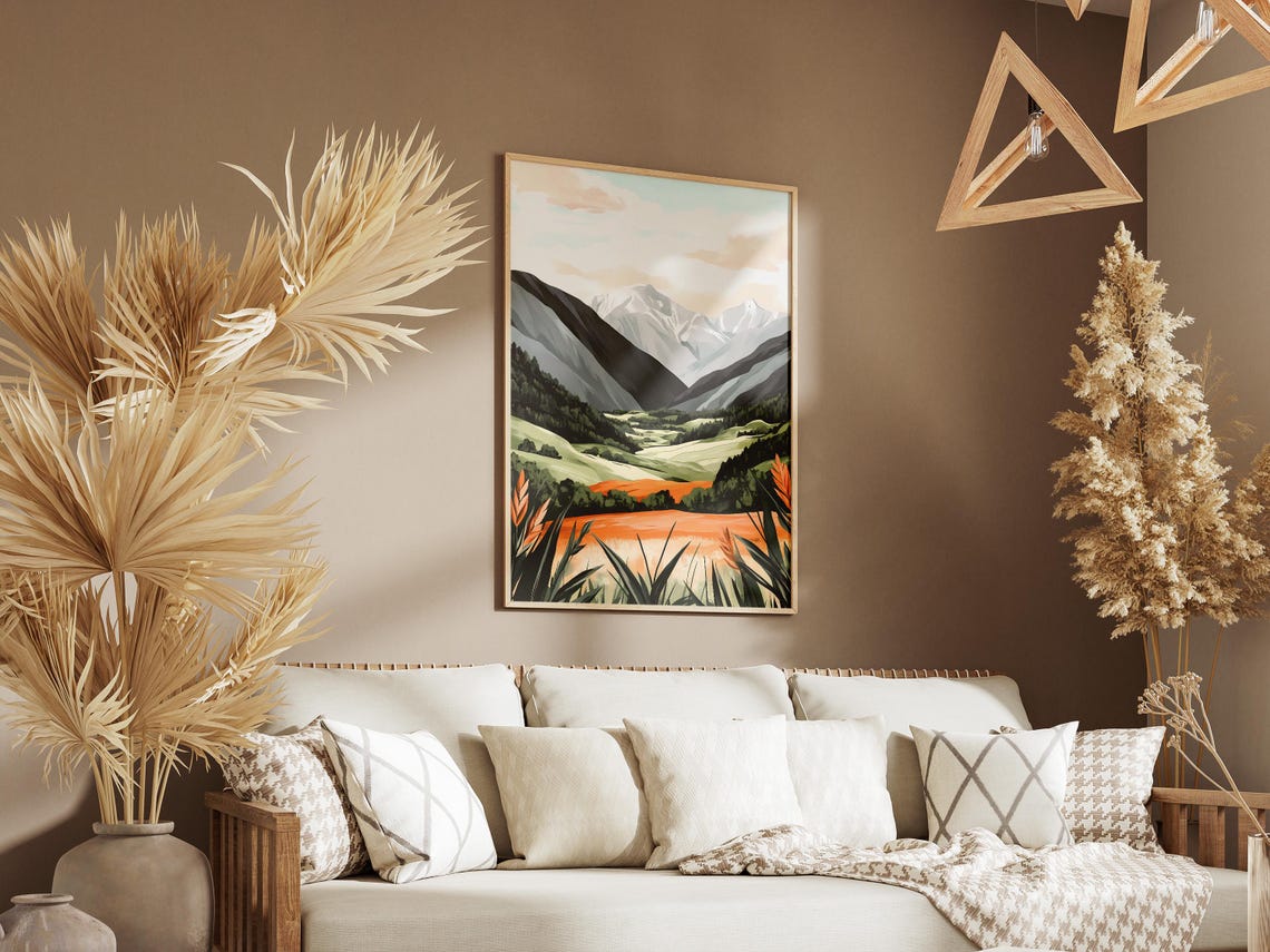 Snowy Mountain Valley With Green Pastures and Golden Field Poster - Image 3