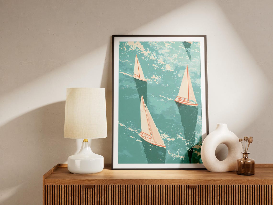 Sailboats Casting Reflections on Sparkling Teal Water Poster - Image 5