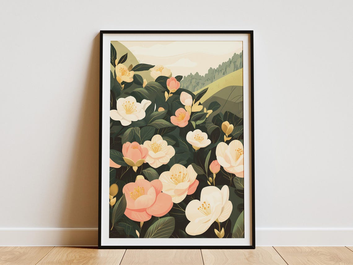 Pink White Camellia Blooms on a Sunny Hillside Garden Art Poster