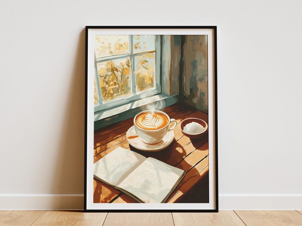 Window Seat Latte Art Leaf Cup Open Book Cozy Reading Poster