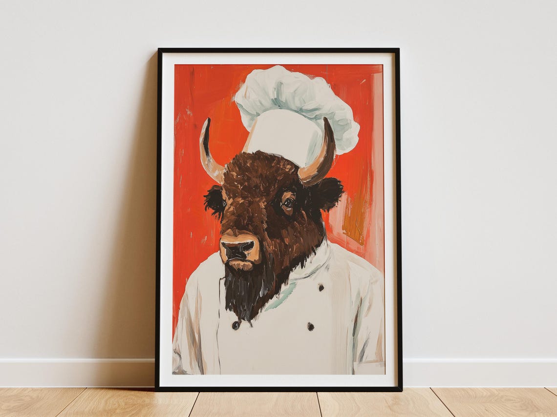 Mighty Bison Chef In White Coat And Tall Hat On Bold Red Poster