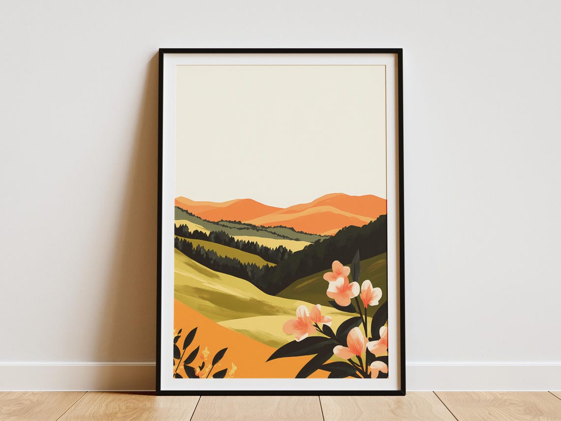 Peach Hills With Orange Wildflowers Minimalist Landscape Poster