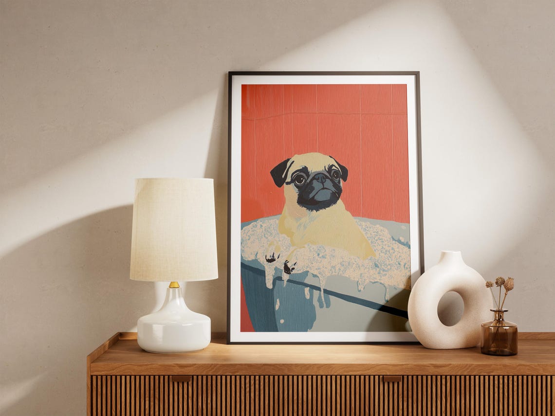 Pug Puppy Bubble Bath Bold Red Retro Illustration Art Poster - Image 4