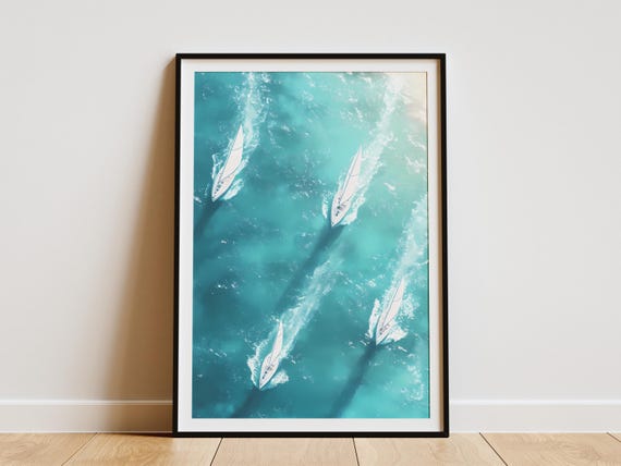 Sailboats On Turquoise Waters Aerial View Print Yacht Wall Art Coastal Home Decor Nautical Themed Poster Summer Vacation Print Ocean Scene