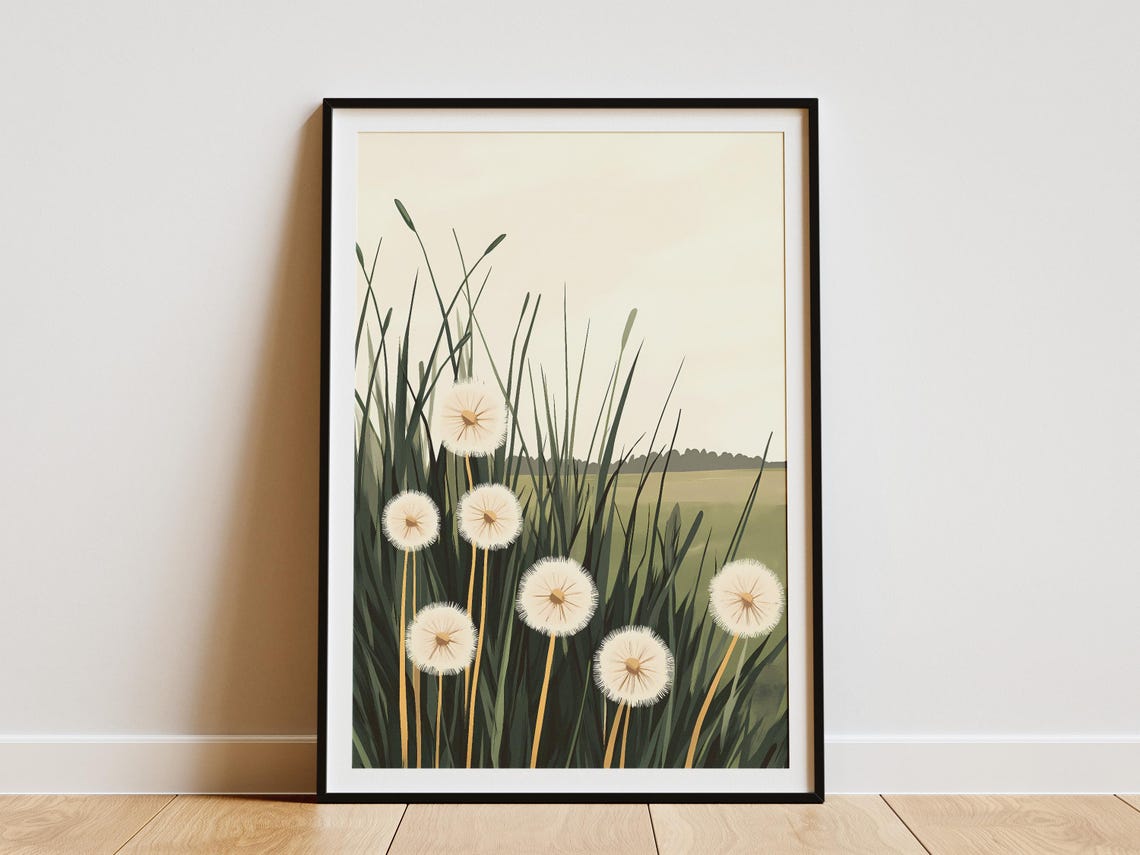Dandelion Seed Heads In Tall Grass Minimalist Botanical Poster