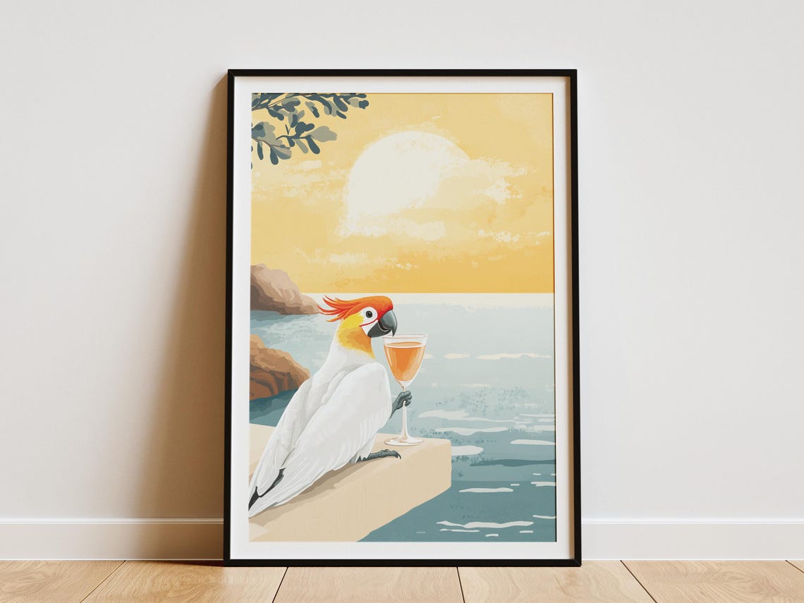Cockatoo With a Glass of Wine at Sunset Over the Ocean Poster