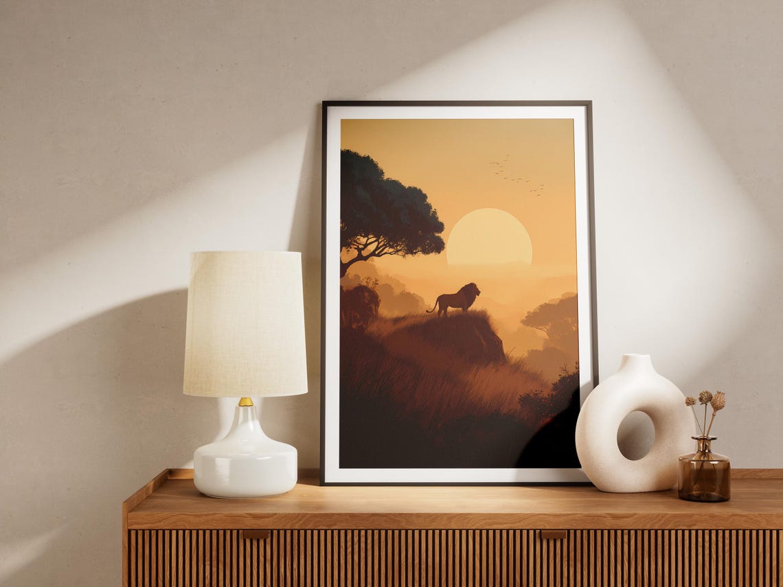 Lion Silhouette at Sunrise on Savanna Rock Acacia Tree Art Poster - Image 4