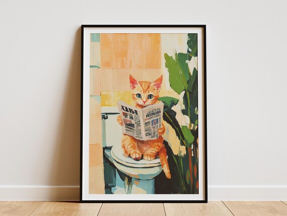 Orange Kitten On Toilet Reading Newspaper Poster Funny Cat Bathroom Art