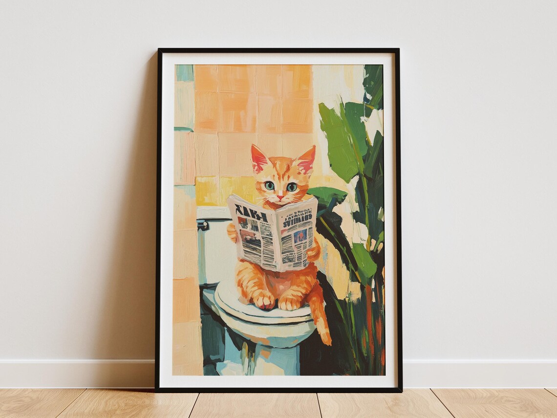 Orange Kitten On Toilet Reading Newspaper Poster Funny Cat Bathroom Art