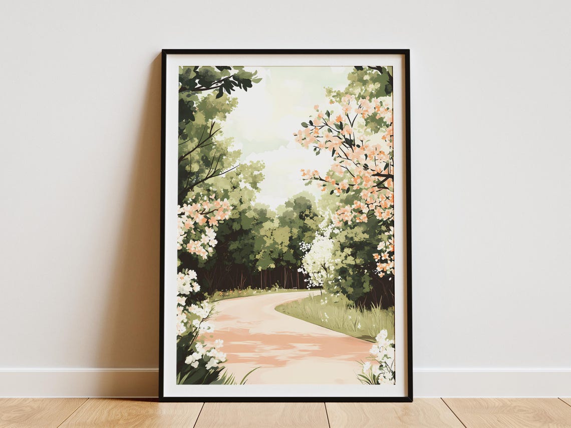 White Flowering Shrubs Lining A Winding Garden Path In Spring Poster