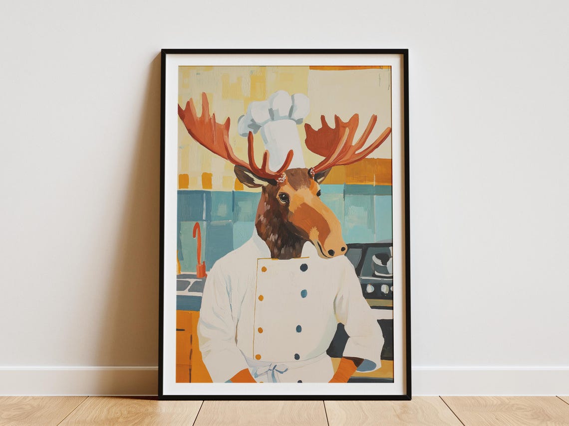 Moose Chef Art Print Kitchen Wall Funny Animal Whimsical Decor Quirky Poster