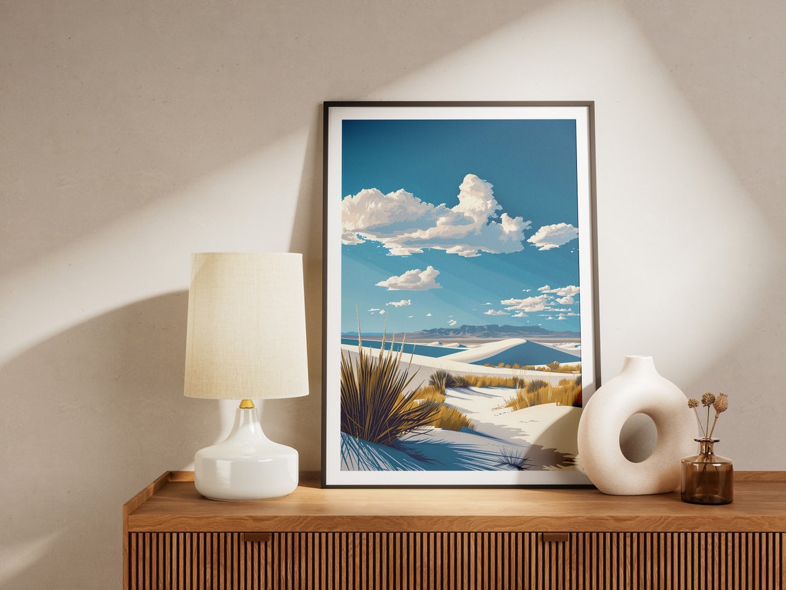 White Sand Dunes and Golden Yucca Under Bright Blue Sky Poster - Image 2