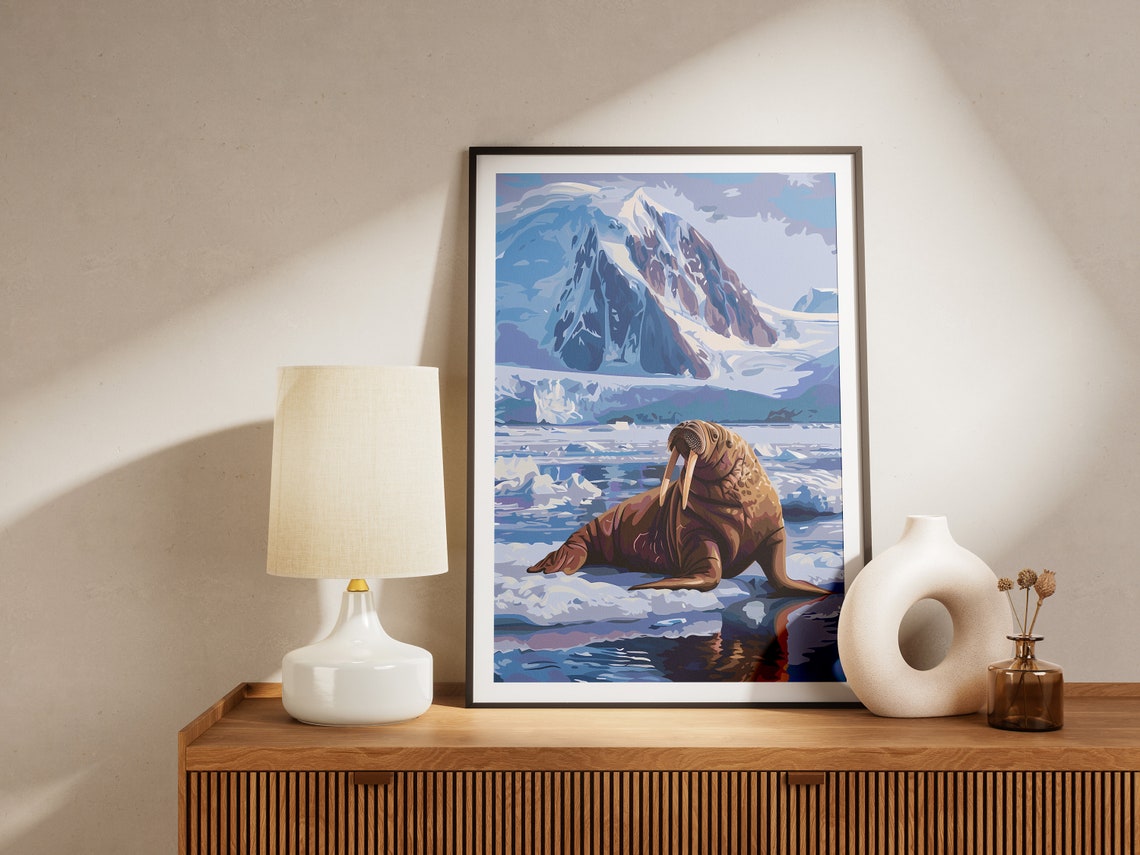 Arctic Walrus Ice Floe Snowy Mountains Blue Geometric Poster - Image 2