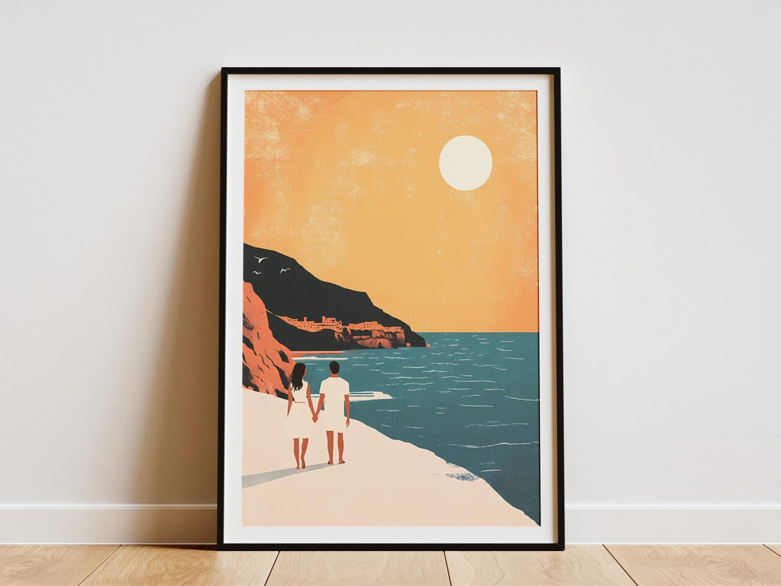 Minimalist Couple Watching Sunset On A Golden Cliff Beach Poster