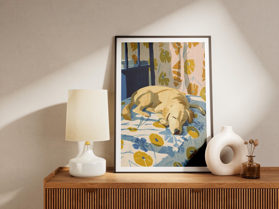 Yellow Labrador Sleeping on a Floral Bedspread by a Sunny Window Art Poster - Image 4