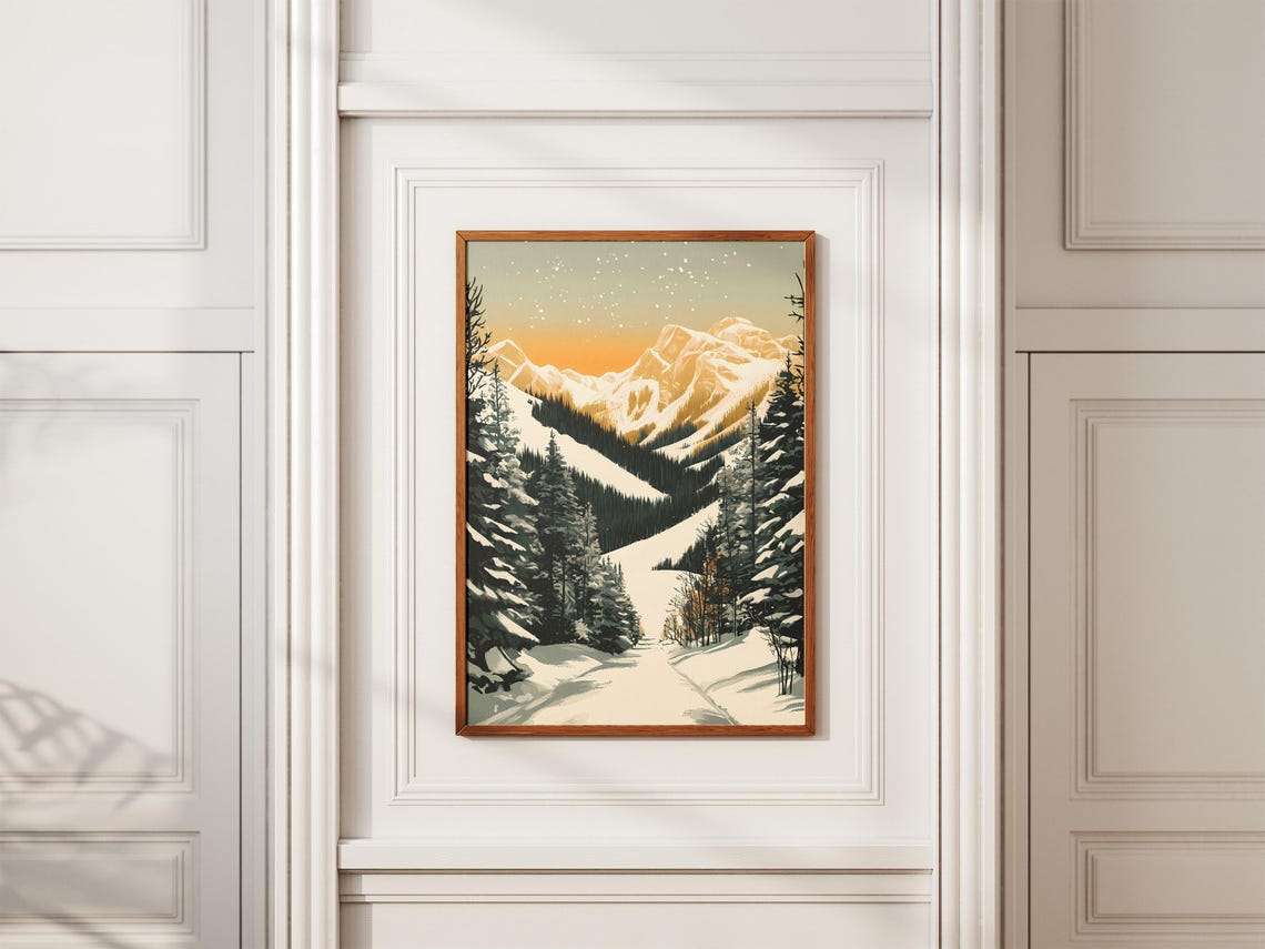 Snowy Golden Mountain Valley Vintage Winter Travel Art Poster - Image 2