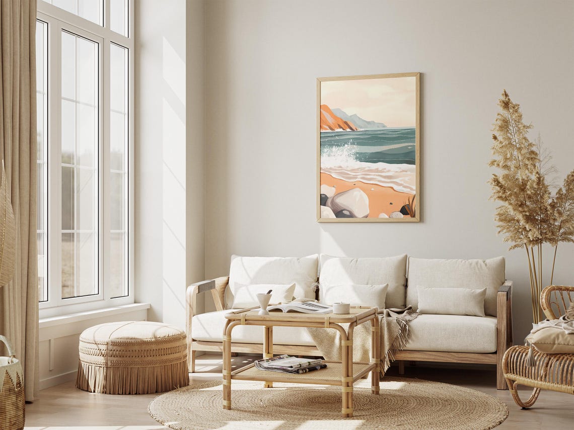 Rocky Beach Foamy Waves Orange Cliff Minimalist Coastal Art Poster - Image 4