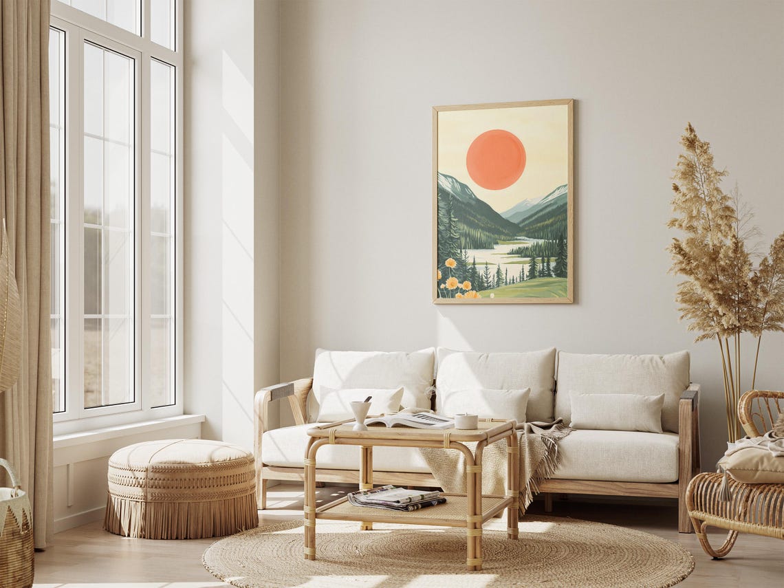 Big Orange Sun Shining Over a Mountain Lake With Pines Poster - Image 4