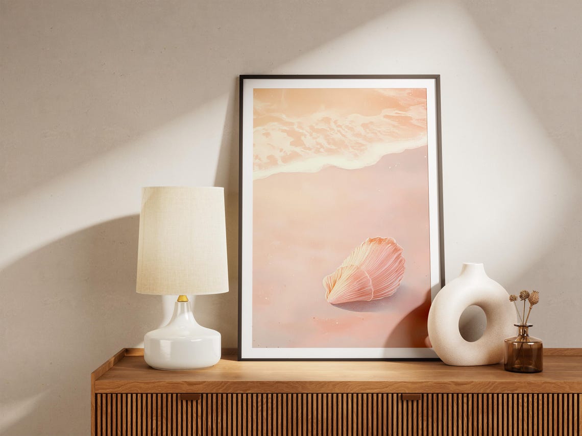 Single Pink Seashell On Wet Sand By A Foamy Ocean Wave Poster - Image 5