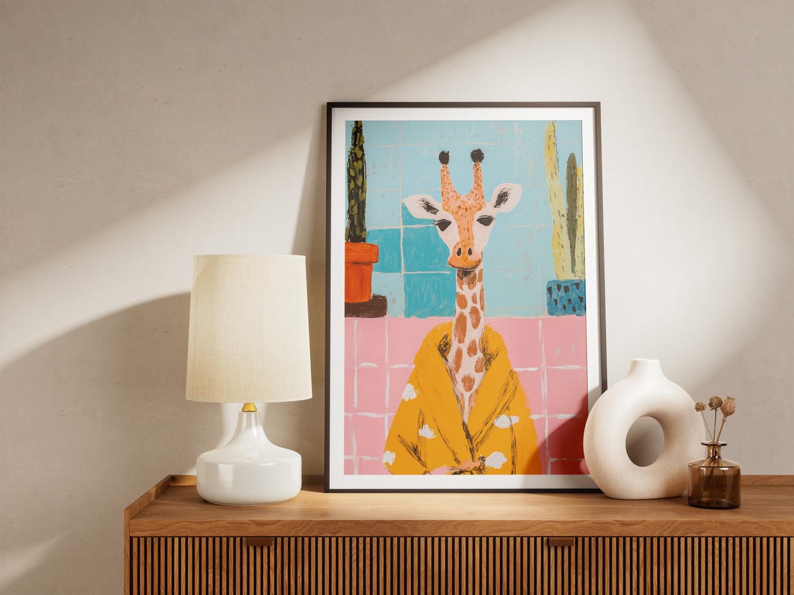 Sunny Giraffe In Yellow Polka Dot Bathrobe With Cacti Poster - Image 5