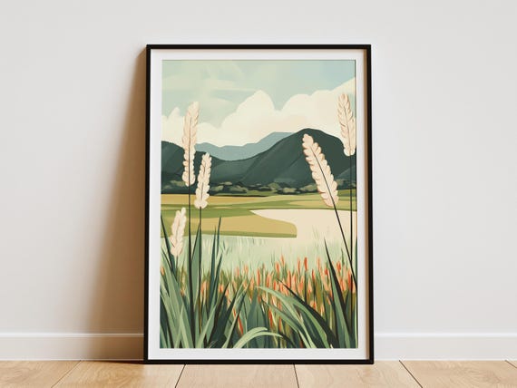 Summer Sunset Countryside Landscape Poster Printnature Wall Artbohemian Decormodern Farmhousegreen Grass Fieldcreamy Beige Tonesplants