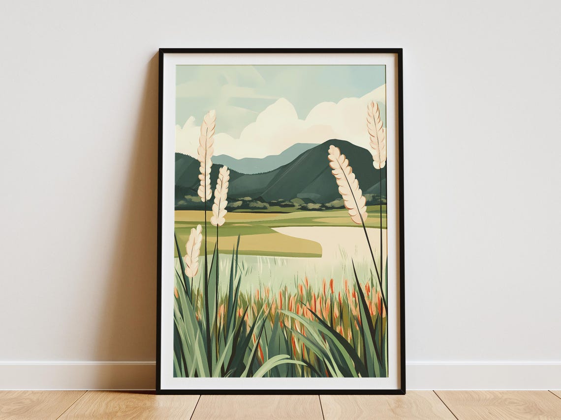Feathery Meadow Grasses by a Pale Lake in Mountain Haze Poster