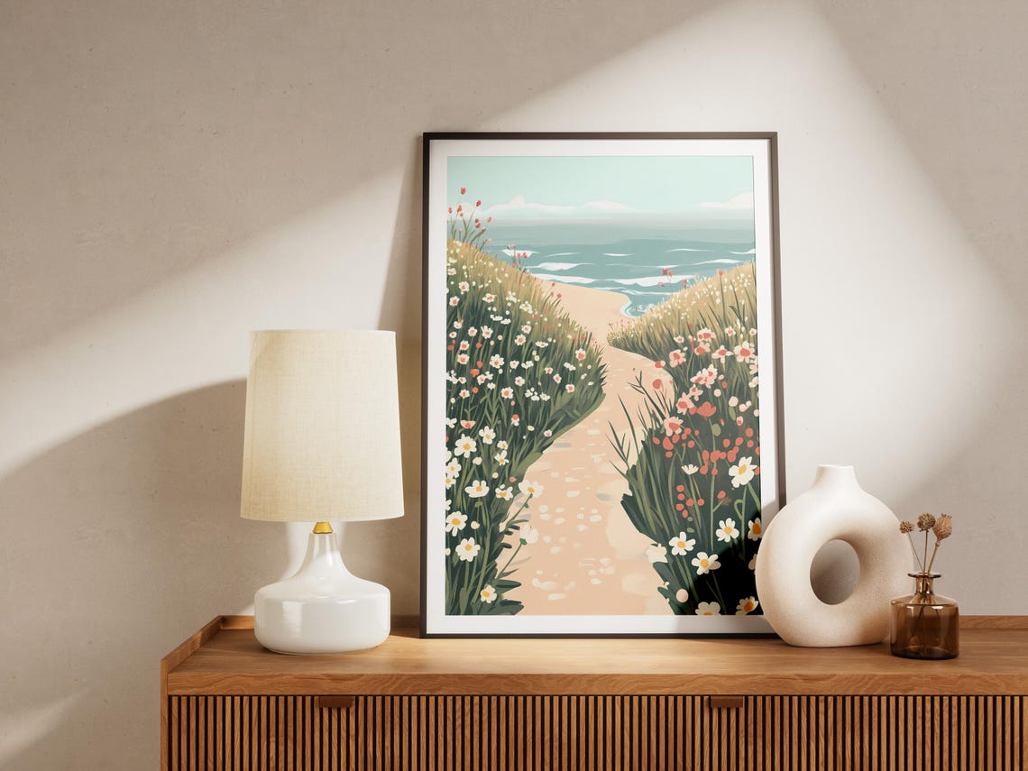 Daisy Meadow Path Ocean View Serene Beach Scene Artwork Poster - Image 4
