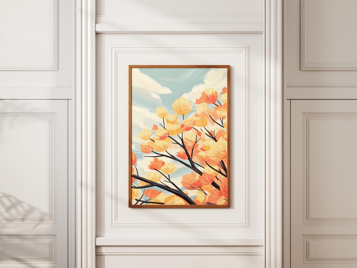 Golden Autumn Leaves Against A Blue Sky Minimalist Botanical Poster - Image 2