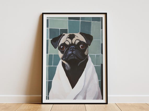 Pug Dog In Bathrobe Poster Print Bathroom Wall Art Matisse Style Funny Pet Portrait Home Decor Animal Lover