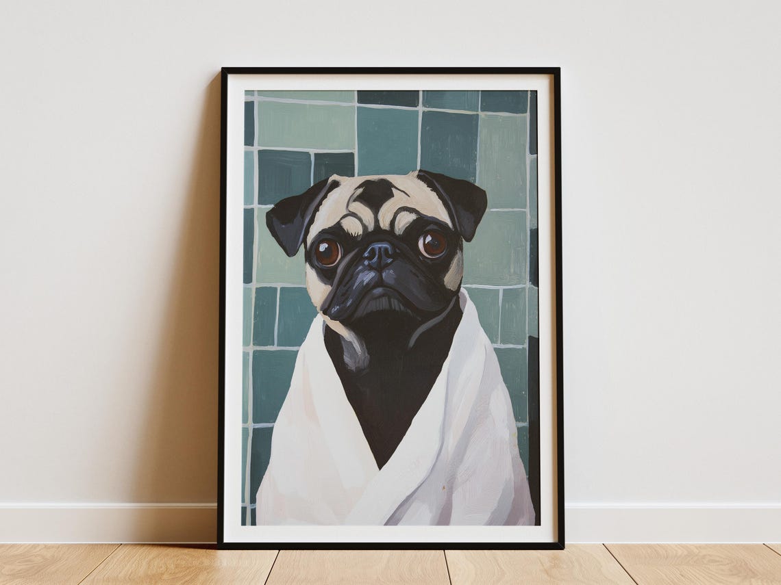 Pug Dog in White Bathrobe Teal Tiled Bath Portrait Art Poster