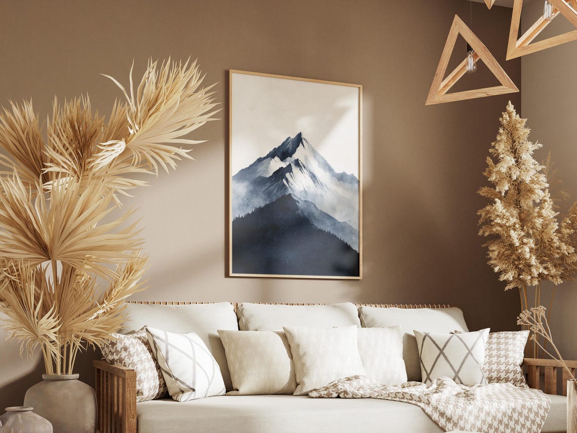 Dramatic Watercolor Mountain Peak Foggy Minimalist Landscape Poster - Image 3