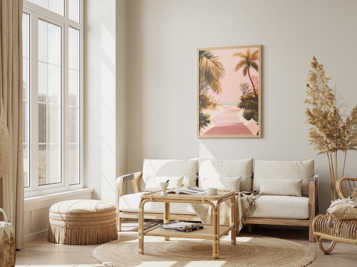 Pink Boardwalk Through Palm Trees to the Sea Sunset Coastal Wall Art - Image 3