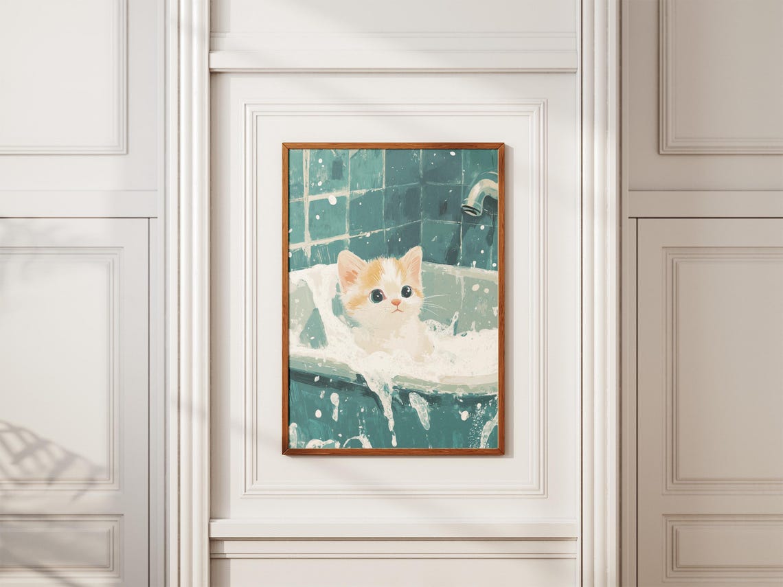 White Ginger Kitten in Foamy Tub Teal Tiles Sweet Art Poster - Image 2