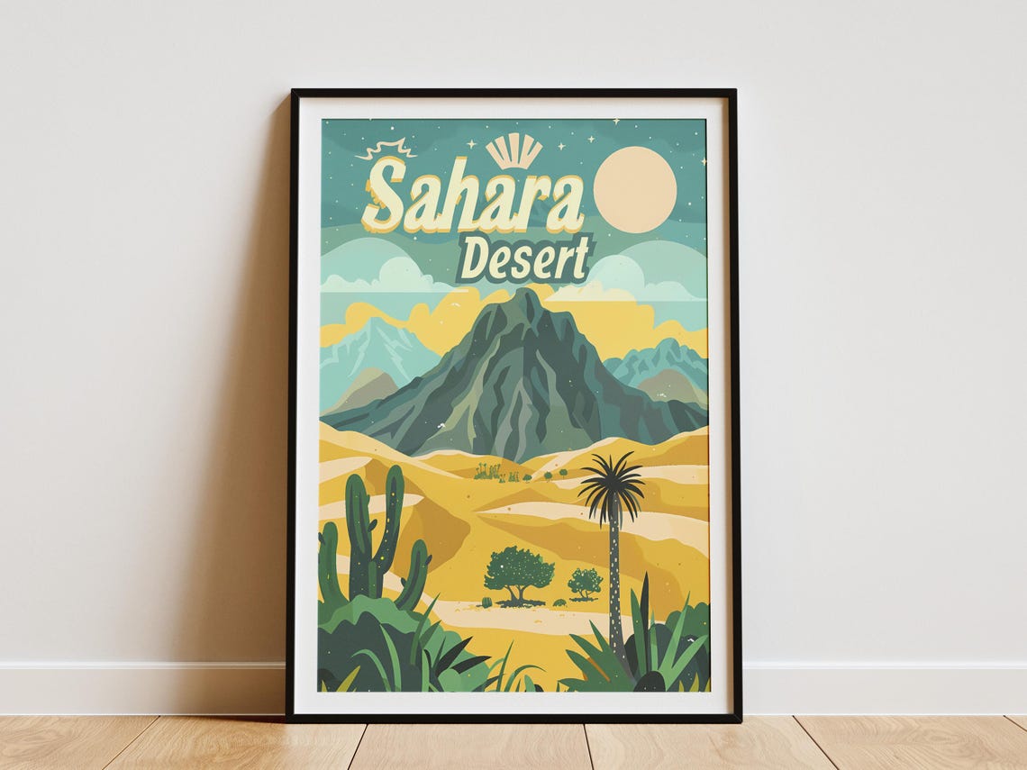 Sahara Desert Dunes Mountain Moon Retro Vintage Scenic Poster